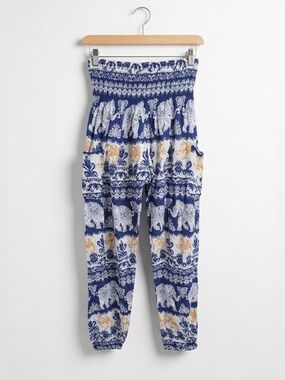 The Elephant Company Blue, White Elephant Print Smocked Harem Pants Gold Accents